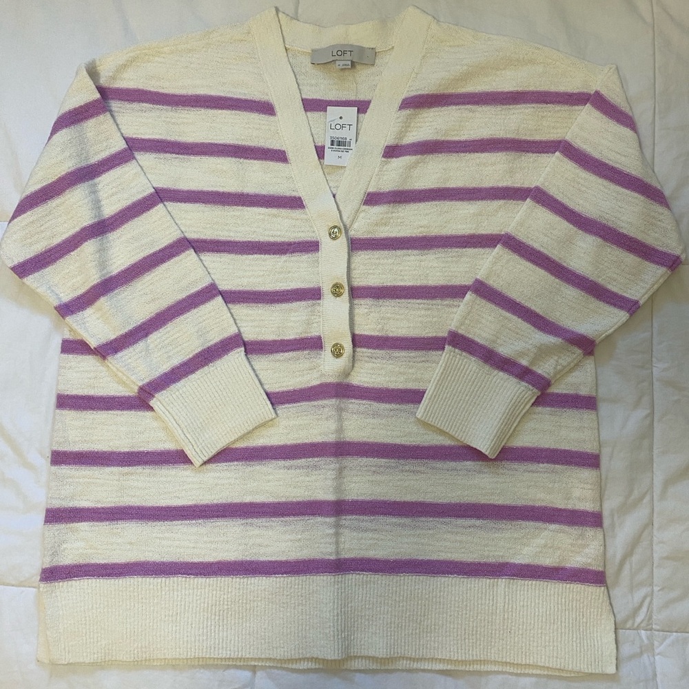 LOFT V-Neck Sweater with Cream and Purple Stripes